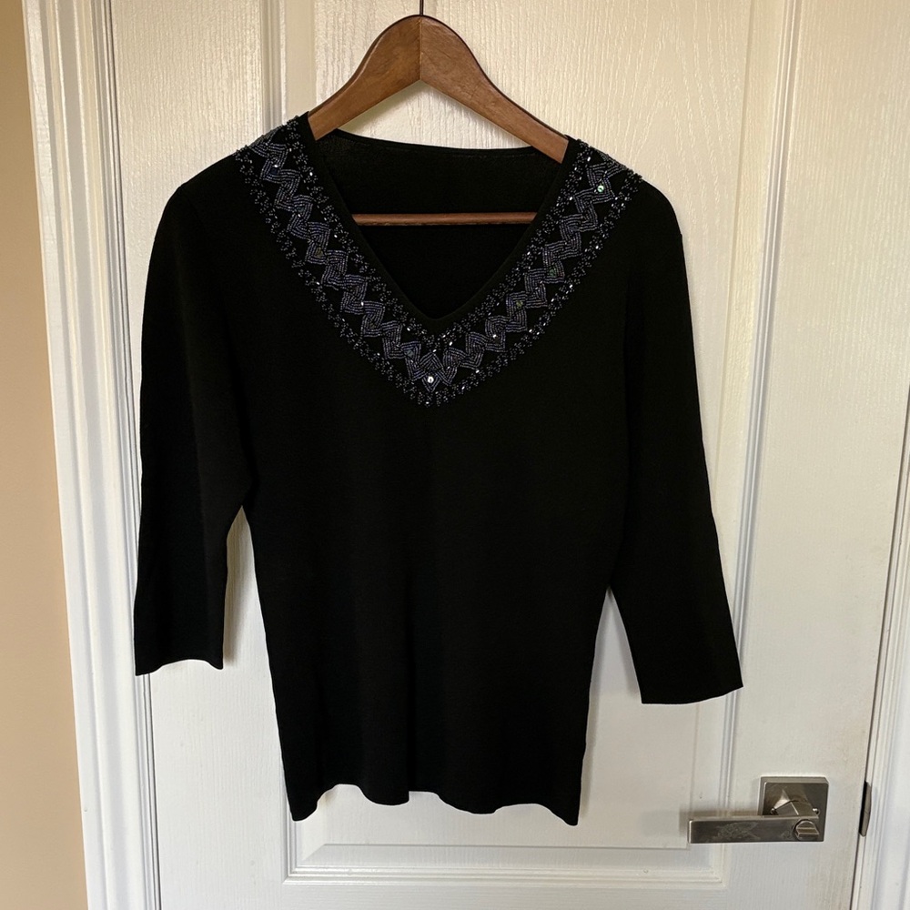 Annabelle Black Top with Blue Embellished Neckline